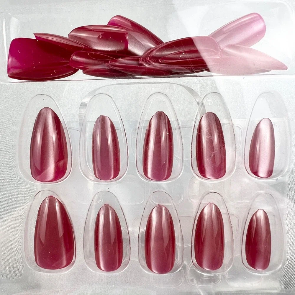 24pcs Soft Gel‎ Press On Nails Cat Eye Magenta Pink Almond Shimmer Reusable Kit